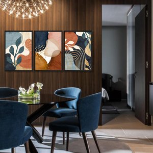 Kit 3 Quadros Decorativos Abstrato Plantas Colorido Folhagens Sala de Jantar Moldura Preta