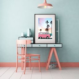 Quadro Praia Kombi Rosa - 60x48cm:madeira Preta - 2