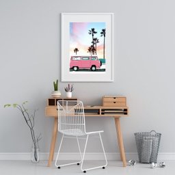 Quadro Praia Kombi Rosa - 60x48cm:madeira Preta - 1