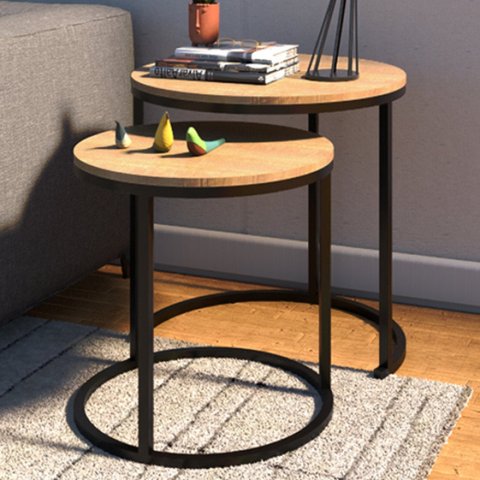 Kit 2 Mesas Laterais Redondas Industrial Encaixáveis Line