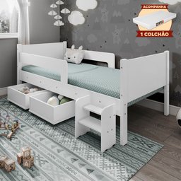 Cama Infantil + Colchão com 2 Baus Organizador Escada Luna Plus Branco - 5