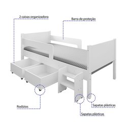 Cama Infantil + Colchão com 2 Baus Organizador Escada Luna Plus Branco - 2