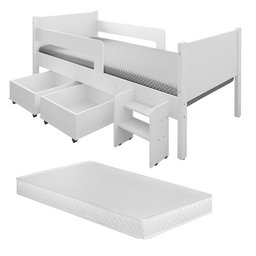 Cama Infantil + Colchão com 2 Baus Organizador Escada Luna Plus Branco - 1