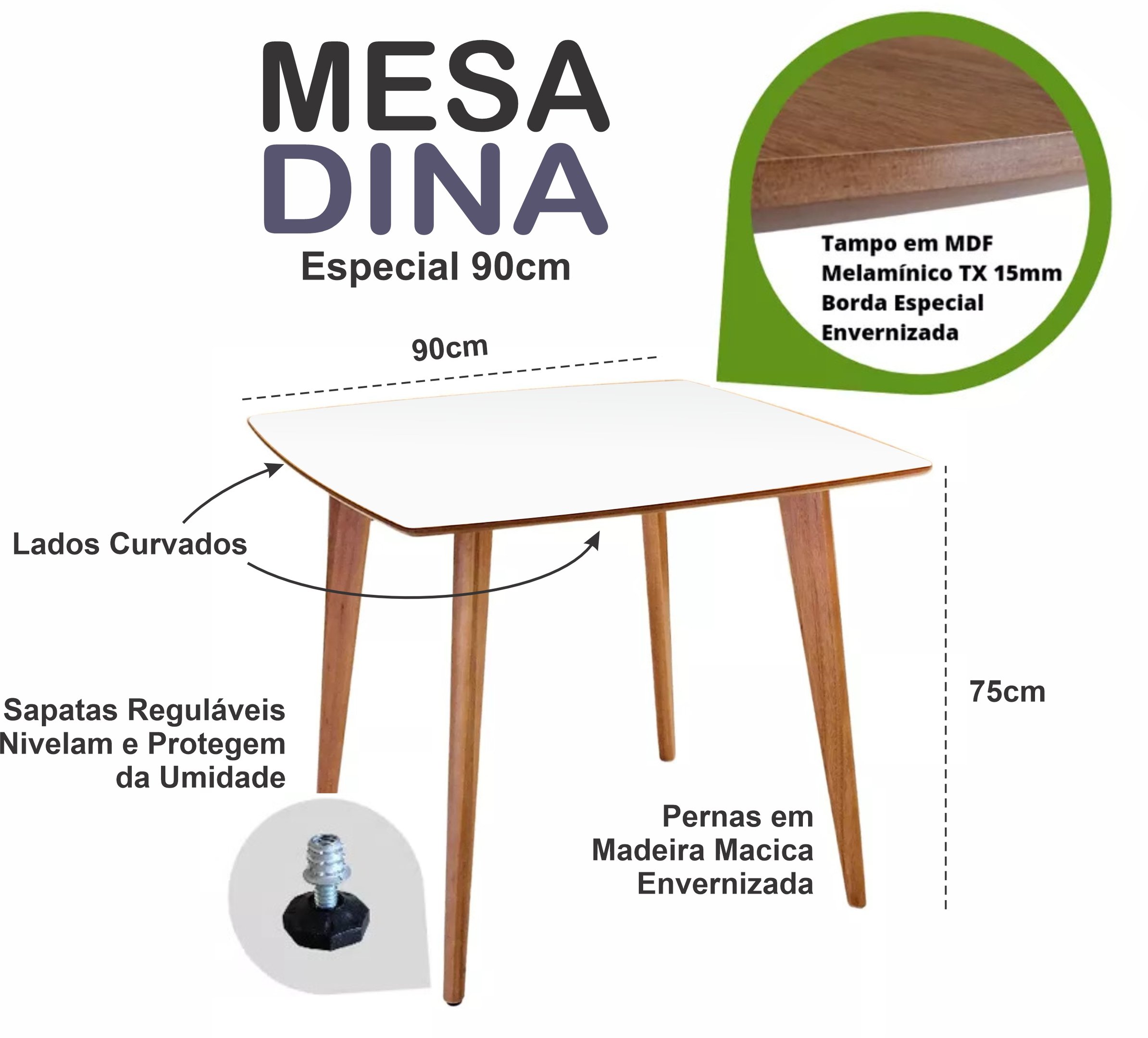 Mesa de Madeira Quadrada Especial de 90cm na Cor Branca - 4