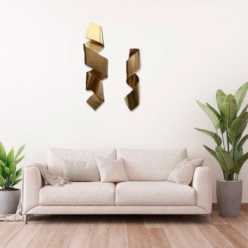 Kit Decoração 02 Esculturas Parede Abstrato Sala Hall Escritório Loja Home Decor Dourado - 3