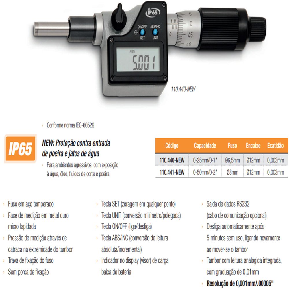 Micrômetro Digital para Adaptação - Cap. 0-25mm/0-1" - Graduação De 0,01mm - Ref. 110.440-NEW(IP65)  - 5