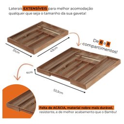 Porta Talheres Ajustável Gaveta Madeira Acácia Premium Multi - 2