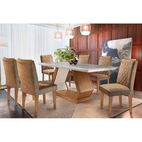 Conjunto: Mesa de Cozinha Alvorada Tampo Madeirado C/ Vidro Canto Reto 180x90cm e 6 Cadeiras Jade