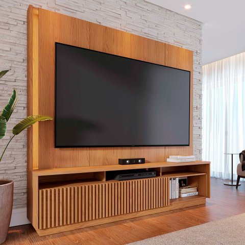 Home Estante Orlo 200cm Tv até 75 Fitas Led Portas Deslizantes Mdp/mdf Freijó G73 - Gran Belo