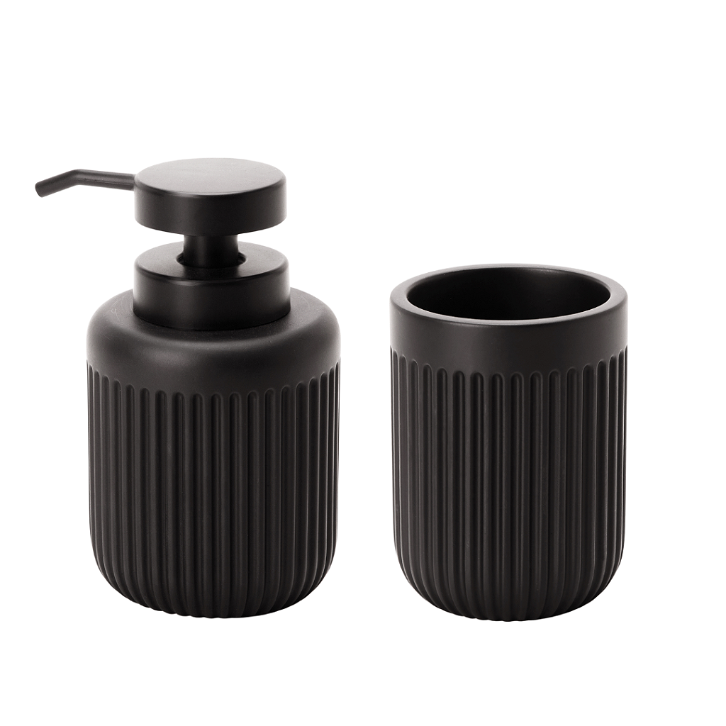 Kit Lavabo - Dispenser Porta Sabonete Líquido 14 cm e Porta Copo Escova 10 cm de Cimento Preto - 1