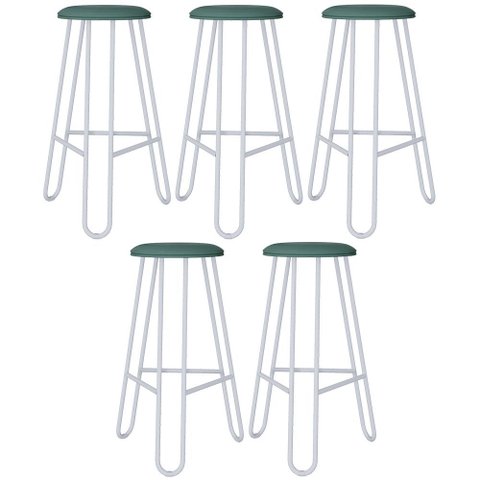 Kit 05 Banquetas Baixa Bar Cozinha Sala de Jantar Áris C01 Branco Courino Verde Sálvia - Lyam Decor