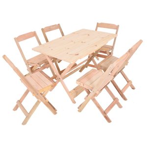 Jogo Conjunto Mesa Bar Dobrável 120x70 C/6 Cadeiras Madeira sem pintura