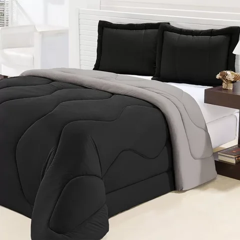 Edredom De Malha Gel Dupla Face Casal Queen 3 Peças Preto Com Cinza