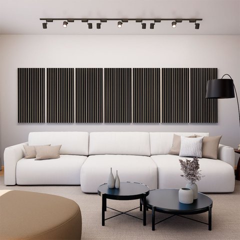 Painel Acústico Absorvedor Decorativo Ripado Parallax Ambar Linho Maestra Acústica:preto/bege