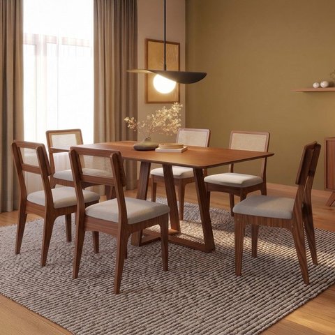 Conjunto Sala de Jantar Mesa 160cm com 6 Cadeiras Palha Sintética 100% MDF Pinhão/Bege Claro