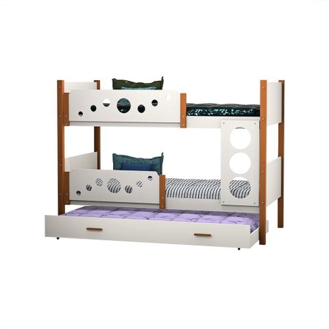 Beliche Solteiro Star com Cama Auxiliar e Luminária Nuvem para o Quarto Infantil - Branco/nature
