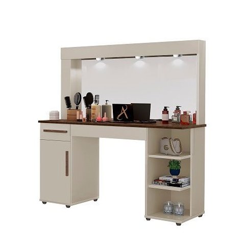 Penteadeira Camarim Espaçosa com Espelho e Gaveta Carvalho Off White