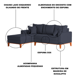 Sofá 3 Lugares Beny com Chaise Esquerdo Suede Azul Marinho - 6