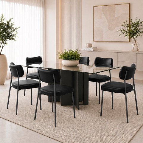 Kit 6 Cadeiras Sala de Jantar Lisa Pés Preto PU Preto m² - Monari Design