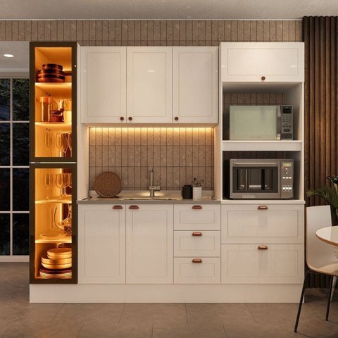Cozinha Pérola com Rodapé e Cristaleira com LED Yescasa Branco