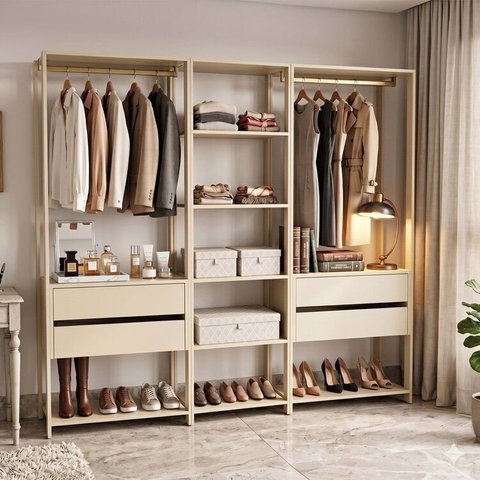 Guarda-Roupa Closet Modulado Siena 202cm 4 Gavetas 2 Cabideiros e 7 Prateleiras Yescasa Bege/Off White