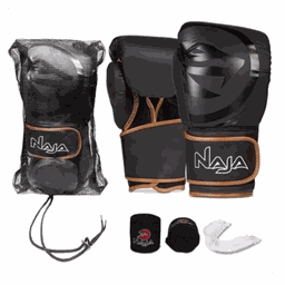 Kit luvas de Boxe Muay Thai Naja Black + Bandagem + Protetor Bucal KIT Black 12 Marrom - 1
