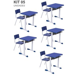 Kit 5 Conjuntos Escolar Individual Juvenil/adulto com Porta Livros Cor Azul