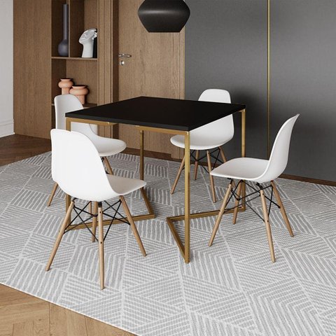 Mesa Jantar Industrial Quadrada 90Cm Preta Base V Dourada Com 4 Cadeiras Madeira Branca Cor: Preto