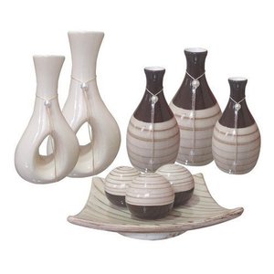 Conjunto de Vasos Em Ceramica Estilo Delicado e Moderno 9 Peças:Bege Novo
