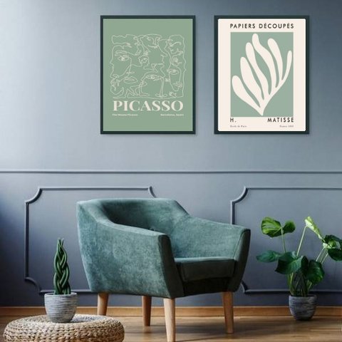 Kit 2 Quadros Artes Picasso Matisse Verdes 33x24cm:moldura Preta