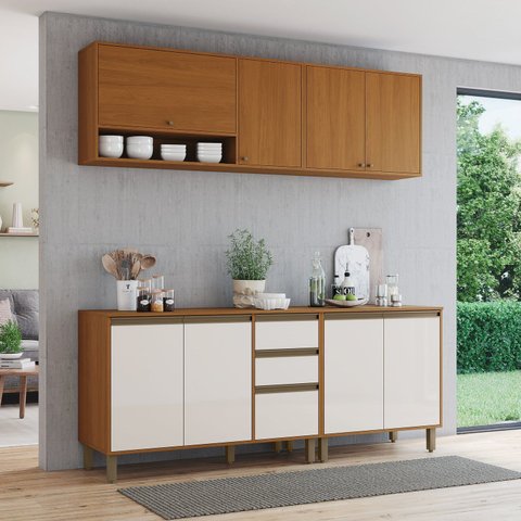Cozinha Modulada Compacta 4 Peças com Balcão Pia com Tampo e Aéreo com Nicho Venaly