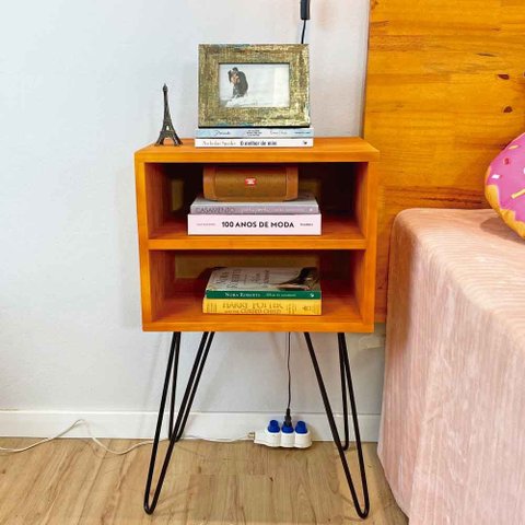 Mesa Lateral de Ferro e Madeira Industrial HairPin Dual Prateleira Carvalho e Preto