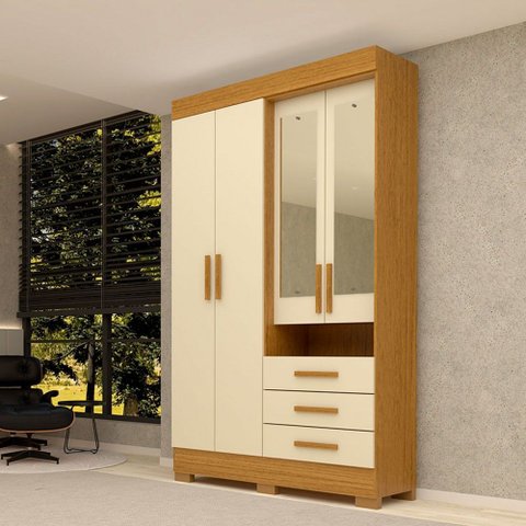 Guarda-roupa Solteiro Débora Capelinha 4 Portas 3 Gavetas com Espelho 100% Mdf Cinamomo/off White -