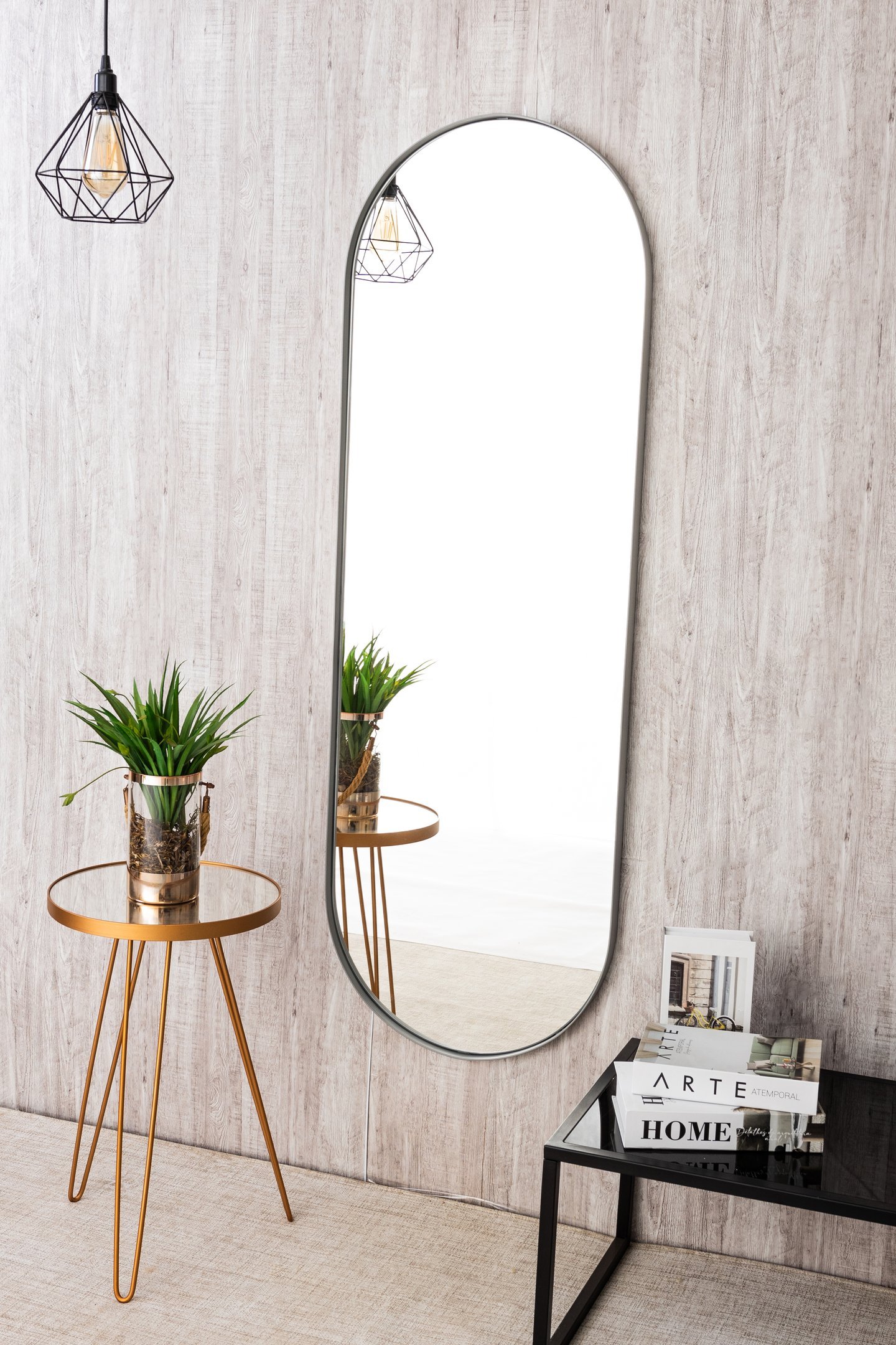 Espelho Decorativo Grande Oval com Moldura Metal Corpo Inteiro 170 X 70 Cm Industrial Cinza - 1