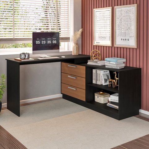 Mesa Escrivaninha com Cômoda com 3 Gavetas e 2 Nichos American Preto/com Freijó
