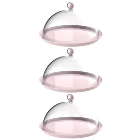 Kit 3 Cúpulas Plástico 25cm Bolos Tortas Doces Pratos Rosa Himalaia Bubble Crippa