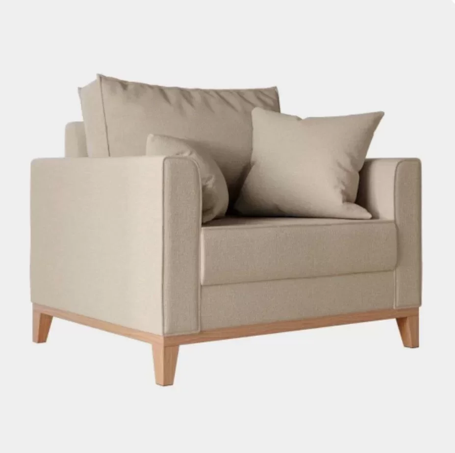 Poltrona Beny com Base em Madeira Linho bege Ideal Moveis acompanha 2 almofadas