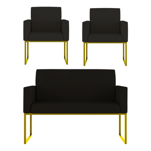 Kit Sofá 2 Lugares + 2 Poltronas Recepção Sala Base Dourada Cor:preto
