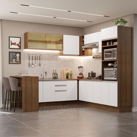 Armário de Cozinha Completa de Canto 504cm Rustic/Branco Glamy Madesa 01