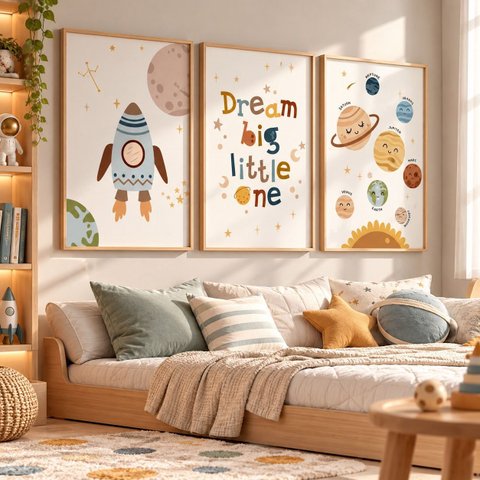 Kit 3 Quadros Infantil Astronauta Espaço Quarto Bebê Menino 40x60 Moldura Madeira NO4