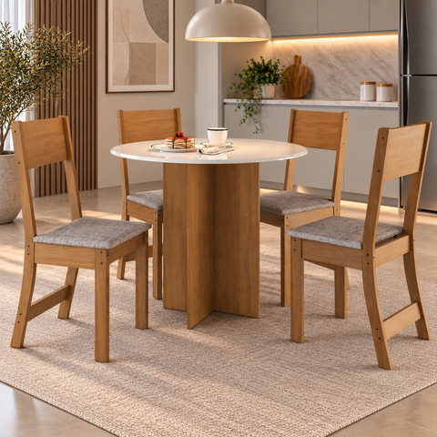 Conjunto Mesa de Jantar Alice com 4 Cadeiras Estofadas Freijó/Offwhite - Rede Móveis