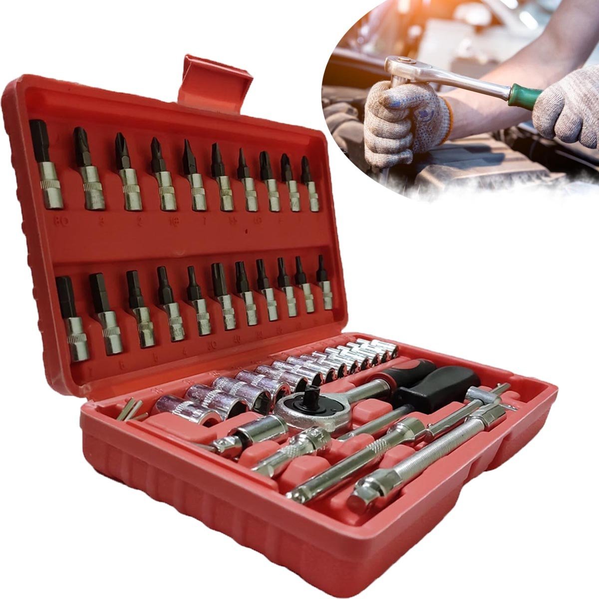 Jogo de Ferramentas Chaves Kit 46 Peças Catraca Soquete Bits Manual ...