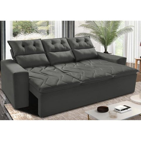 Sofá 3 Lugares Retrátil e Reclinável 2.00m Cama Inbox Smal com Bordado Pantográfico Suede Cinza