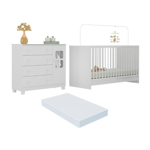 Berço 3 em 1 com Colchão Incluso e Cômoda 1 Porta 4 Gavetas Sol Multimóveis Mp4752 Branco