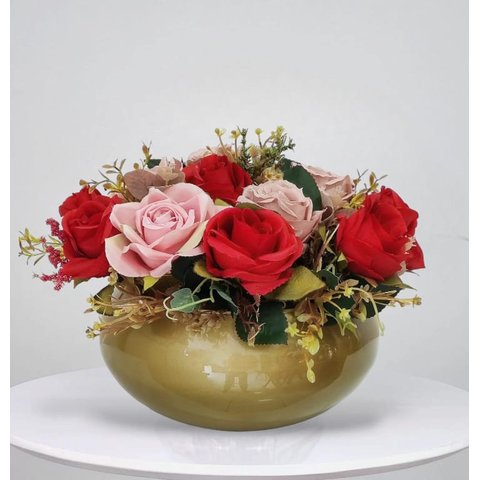 Arranjo Centro de Mesa Misto Rosas Flores Vermelhas e Vaso