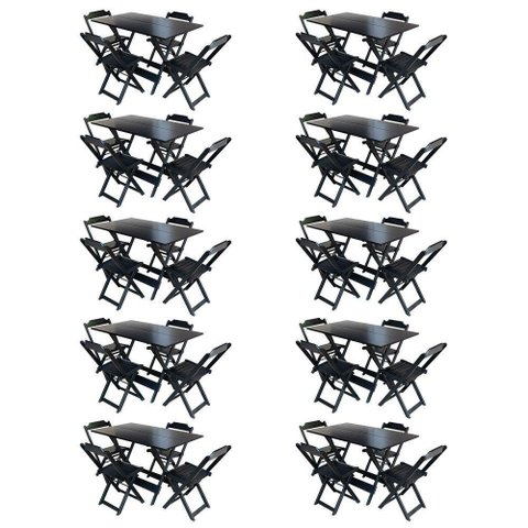 Kit 10 Conjuntos De Mesa Com 4 Cadeiras De Madeira Dobravel 120X70 Preto - Preto