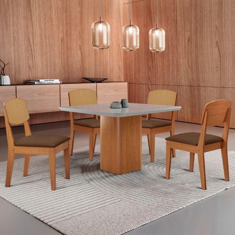 Mesa de Jantar Eloise 90cm Tampo Mdf 4 Cadeiras Moderna Veludo Marrom/nat/off/serig. Off