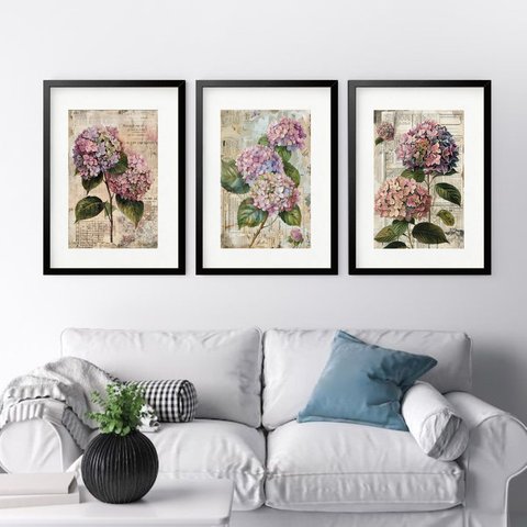 Kit 3 Quadros Grandes Hortências - 60x48cm:moldura Preta