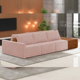 Sofá Ilha Modular para Sala 312cm com Puff Dublin K01 Veludo Rosê Sintético Caramelo - Lyam Decor - 2