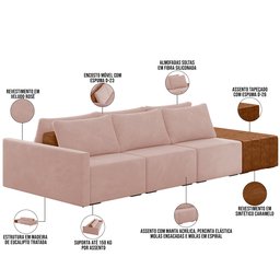 Sofá Ilha Modular para Sala 312cm com Puff Dublin K01 Veludo Rosê Sintético Caramelo - Lyam Decor - 4